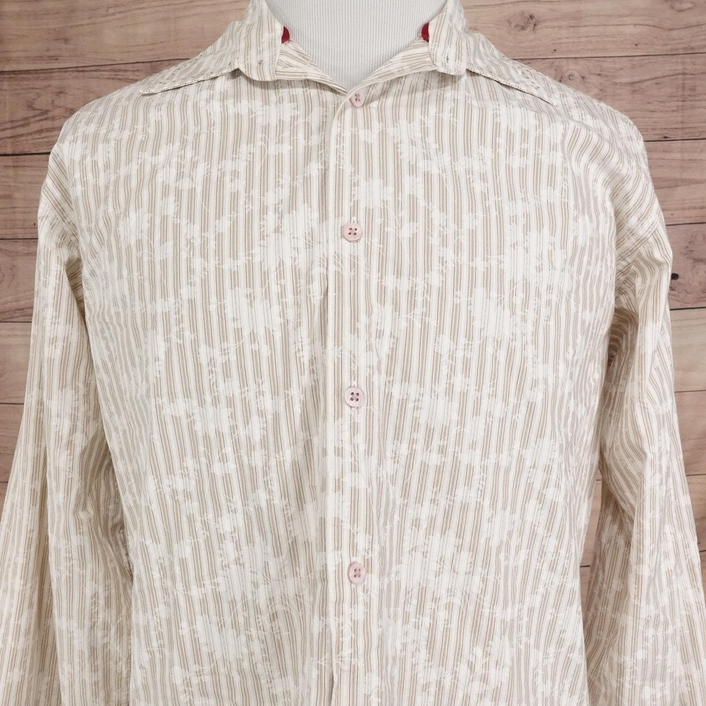Bugatchi Uomo Button-Up Shirt Mens L Beige Striped Cotton Long Sleeve Casual‎